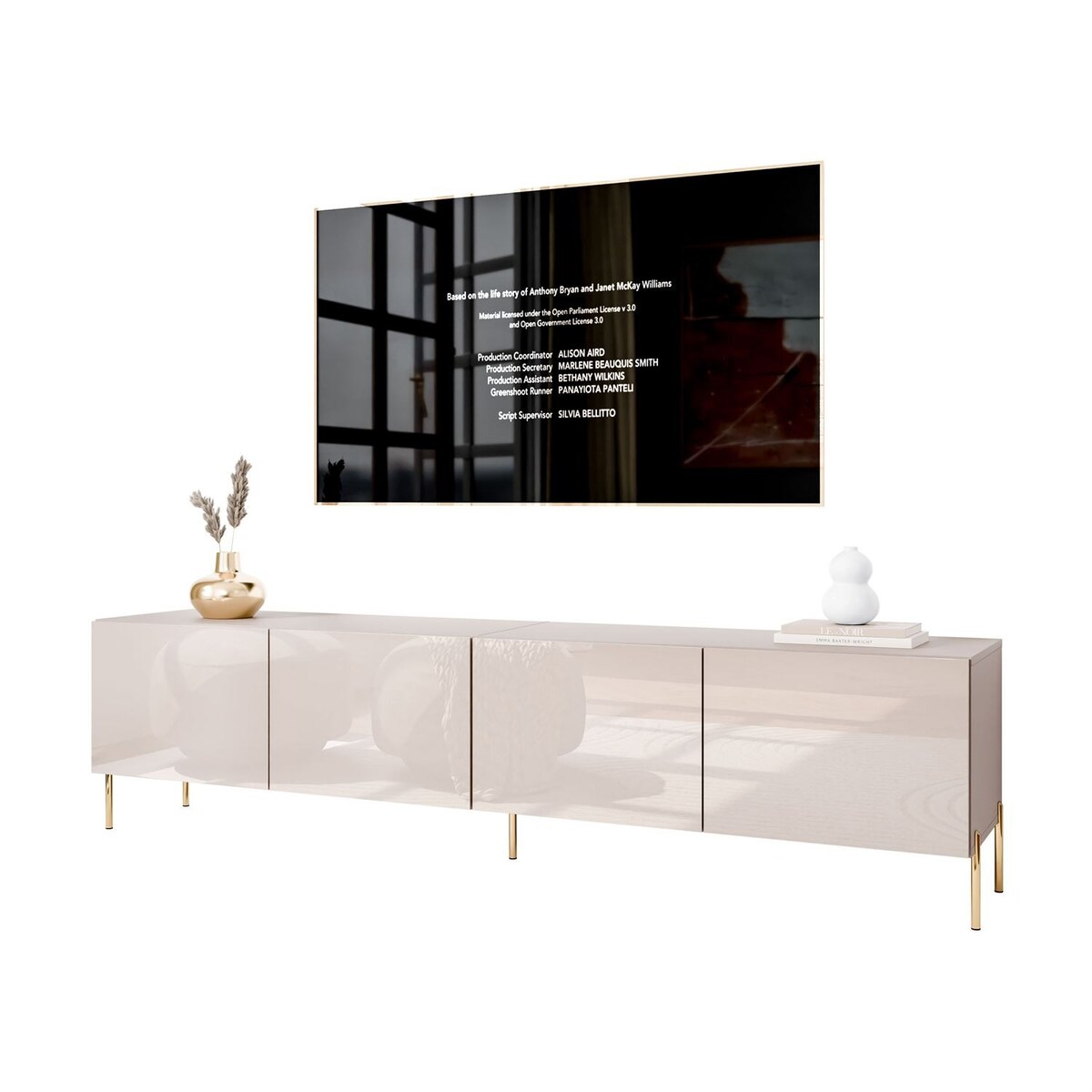 Szafka RTV COLGANTE 200 kaszmir wysoki połysk, oświetlenie LED, nóżki proste złote