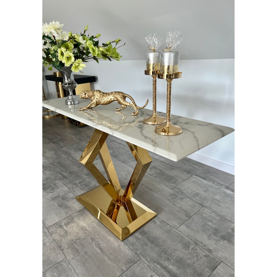 nowoczesna konsola złota nowojorska Diament z kamiennym blatem marmurowym 150x45x75 Premium glamour / w połysku