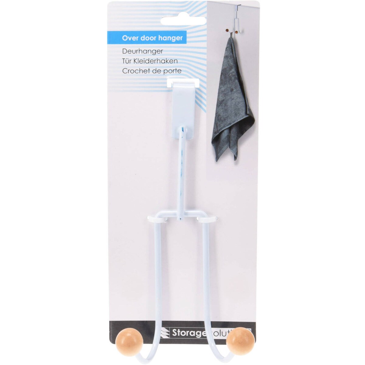 Wieszak na drzwi biały, metalowy, 2 haczyki z drewnianymi gałkami, 19 x 9,5 x 10,5 cm