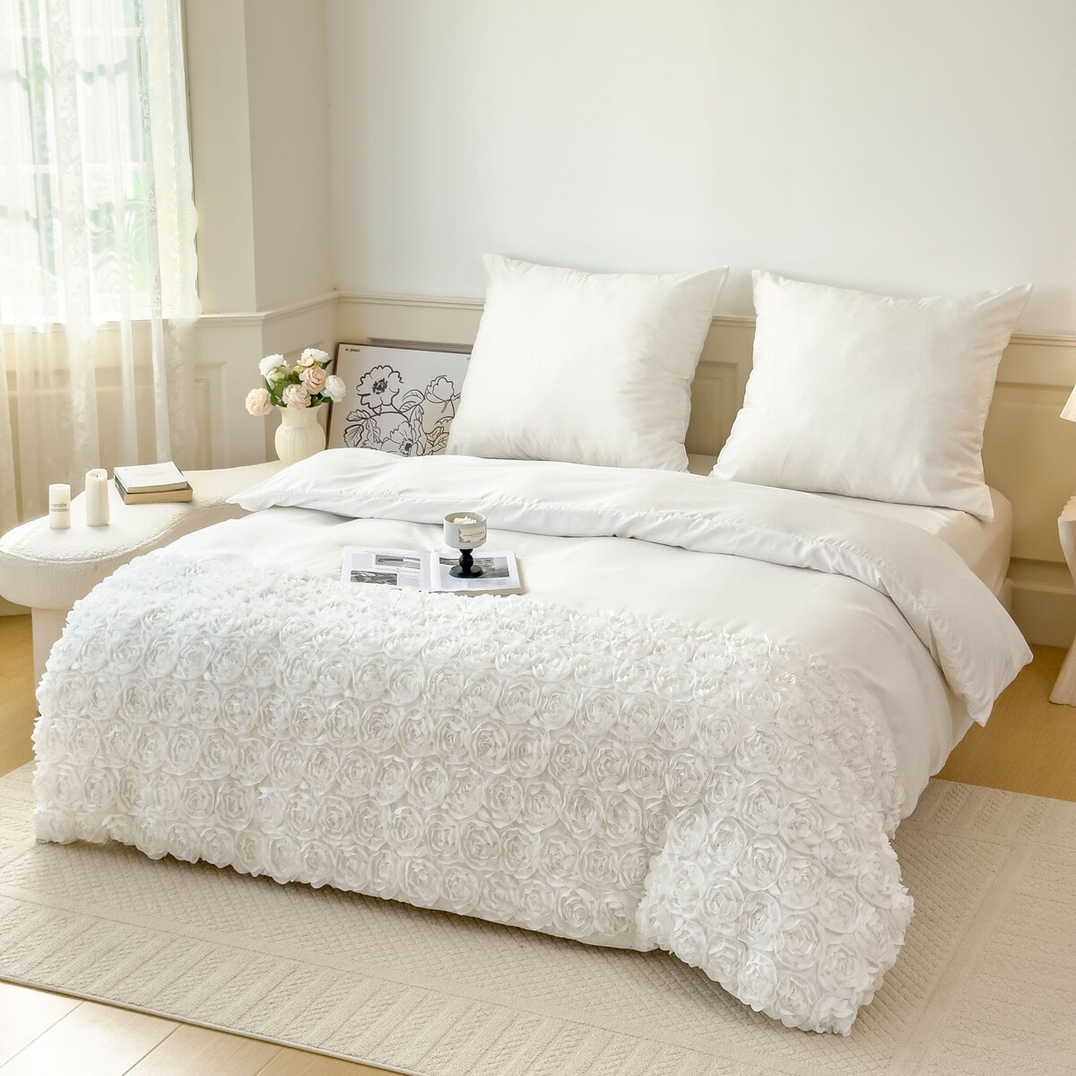 komplet pościeli "bella rosa" z aplikacją 3d róże mikrofibra 160x200 | biały