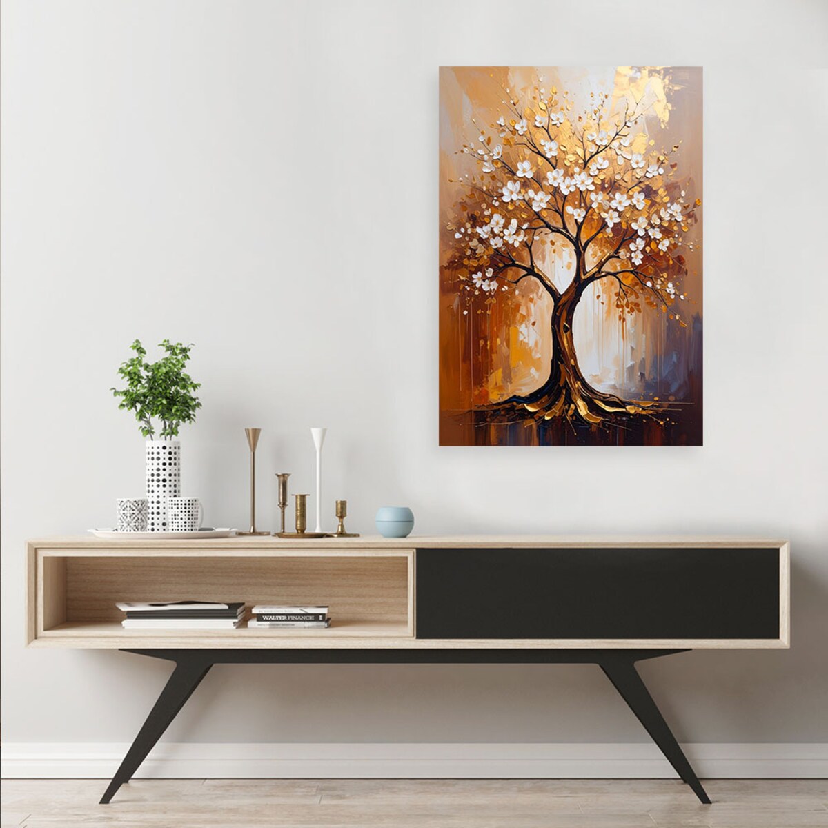 Feeby Obraz do salonu, Złote Drzewo Życia Kwiaty Abstrakcja 80x120