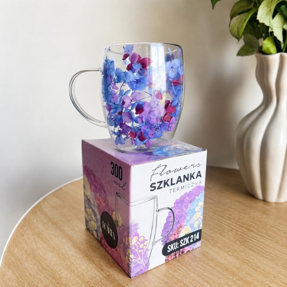 Szklanka termiczna z kwiatami w środku 300ml 1szt, pełna hortensji, niebieski bordo SZK214