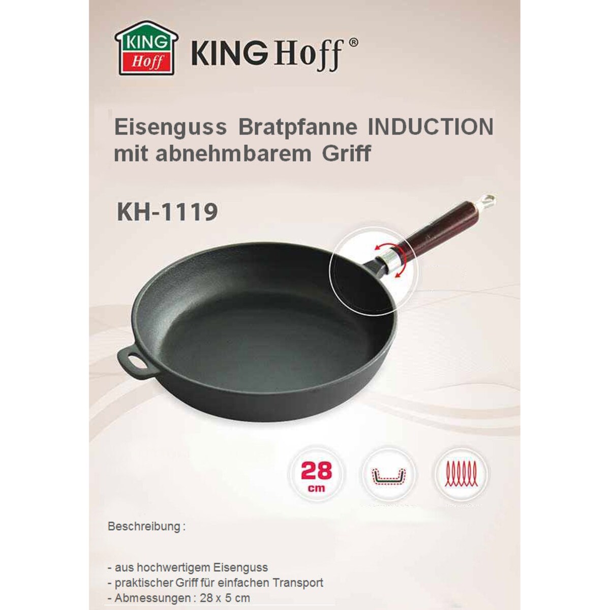 Patelnia żeliwna z odkręcanym uchwytem 28cm na indukcję gaz KINGHOFF