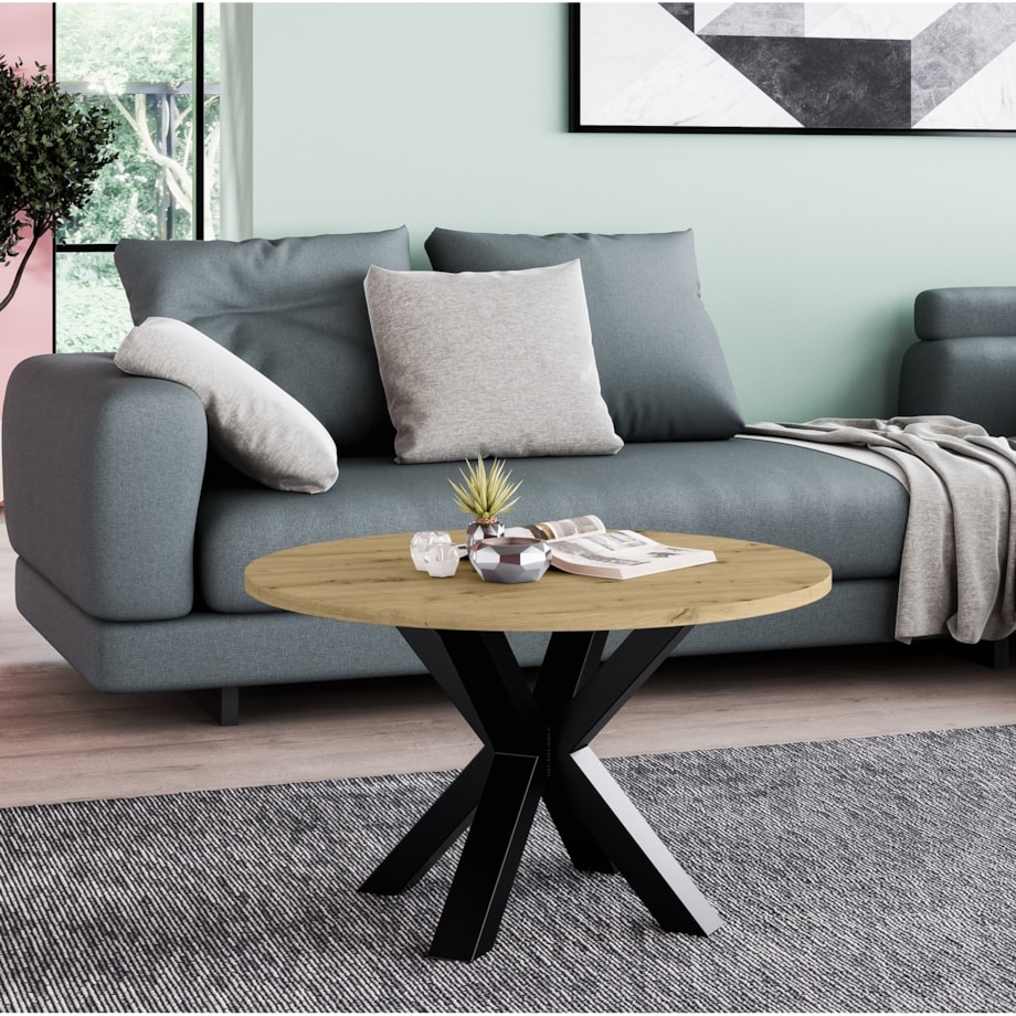 Stolik kawowy NEO okrągły 90 cm, metalowa podstawa-dąb artisan
