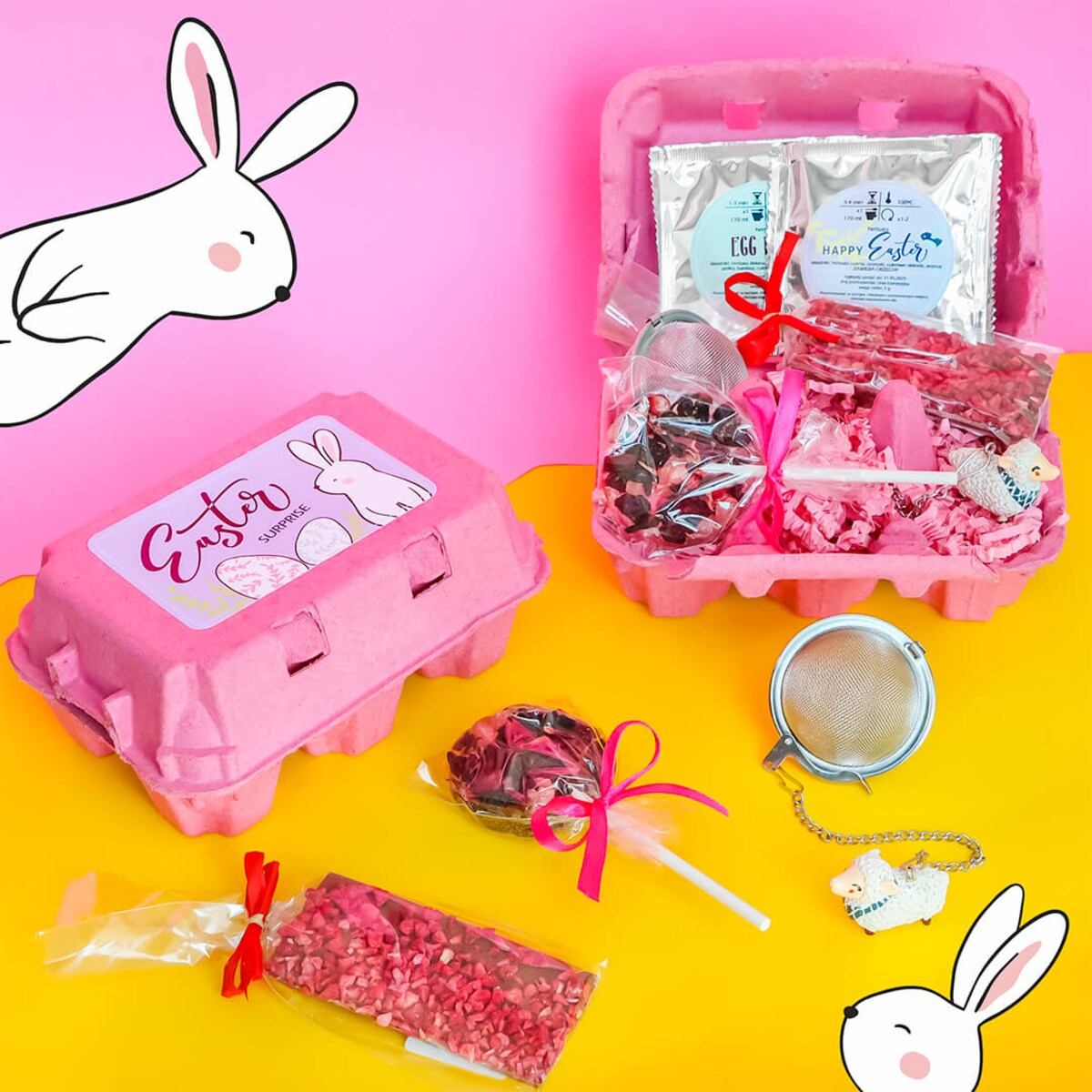 ORYGINALNA PACZKA NA WIELKANOC ZAJĄCZKA - ZESTAW PREZENTOWY HERBATA LIZAK MALINA CZEKOLADKA ZAPARZACZ - PREZENT UPOMINEK DLA KOBIETY FACETA