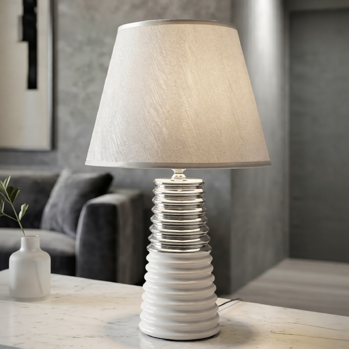 Lampa stołowa Candela, kolor biały i srebrny, ceramika, żelazo i tkanina, 25 x 25 x 41 cm, 1 x E27, do salonu i sypialni, Mauro Ferretti
