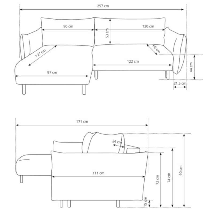 Narożnik DELI z funkcją spania na nóżkach, prawostronny, pomarańczowy