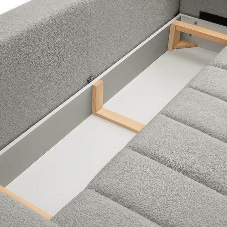 Sofa rozkładana ALOO obita tkaniną boucle z ozdobnymi poduszkami jasnoszara