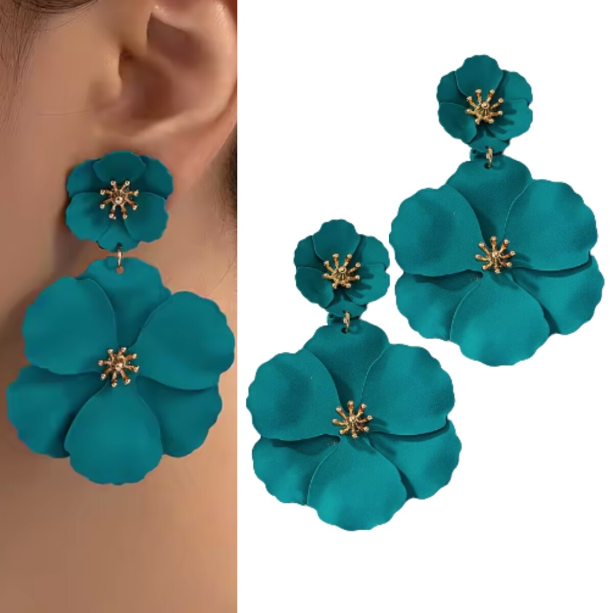 ZIELONE kolczyki złote odcień morski damskie wizytowe PŁATKI wiszące wesele