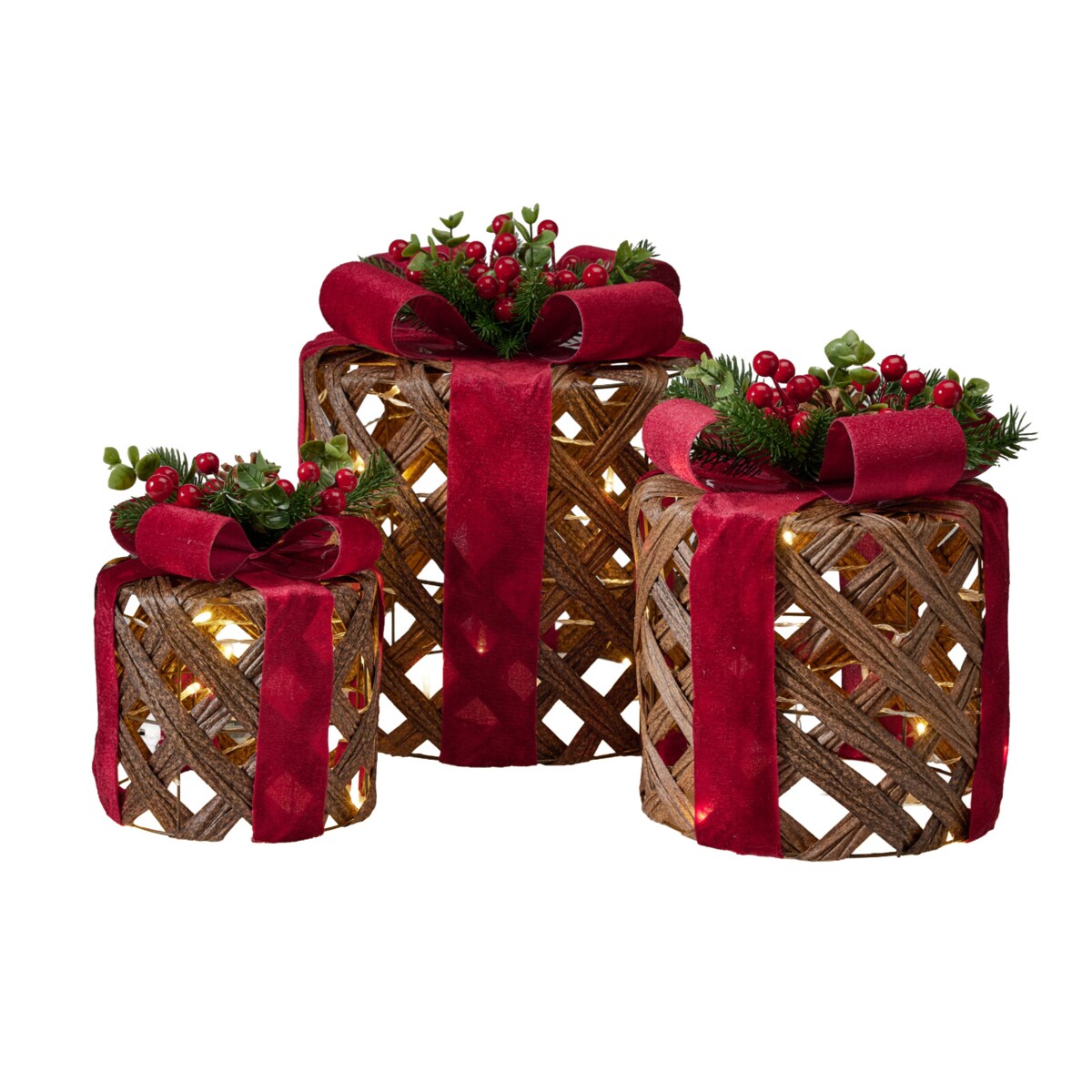Zestaw 3 świecących pudełek prezentowych, okrągłe, Ø 15, 20 i 25 cm, LED, na baterie, kolor brązowy