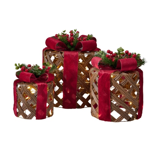 Zestaw 3 świecących pudełek prezentowych, okrągłe, Ø 15, 20 i 25 cm, LED, na baterie, kolor brązowy