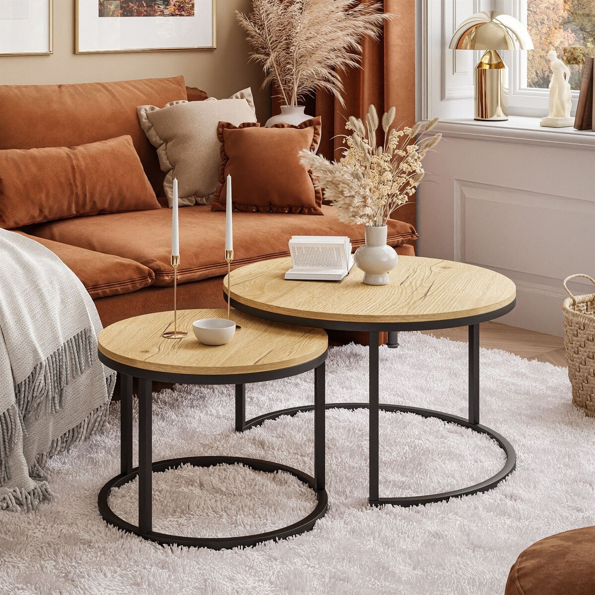 Stolik kawowy okrągły CORRIE 2w1 czarny dąb jasny