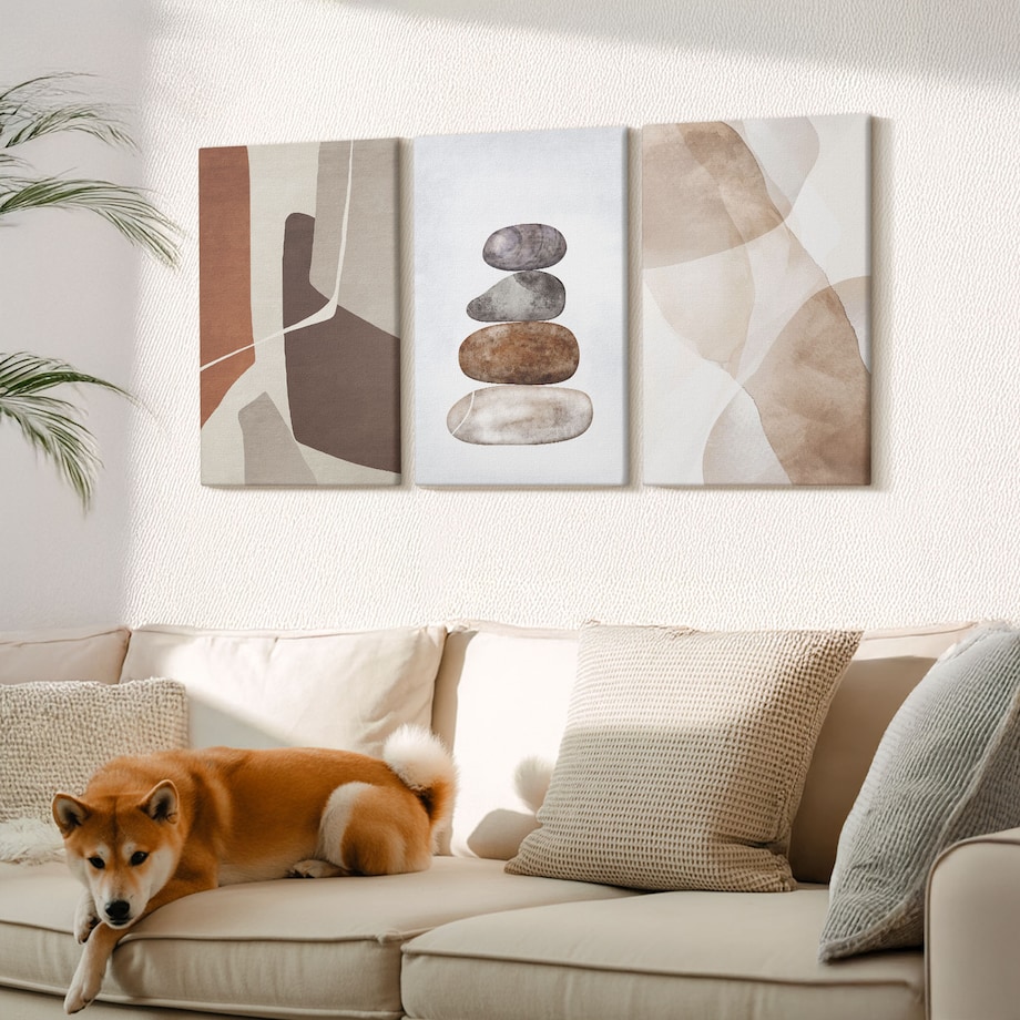 Zestaw 3 dużych obrazów na płótnie - Malarstwo abstrakcyjne nowoczesne - pomarańczowy