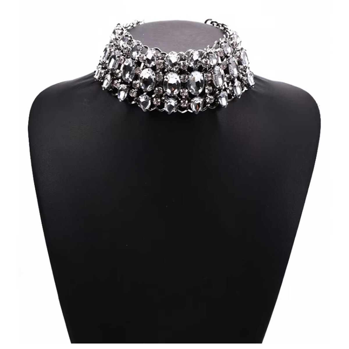 SREBRNY szeroki CHOKER ozdoby na szyję kolia z cyrkoniami elegancka