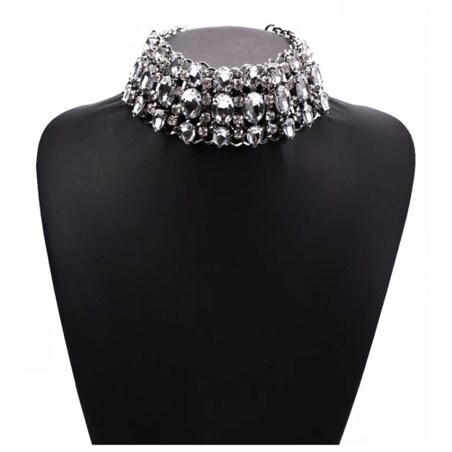 SREBRNY szeroki CHOKER ozdoby na szyję kolia z cyrkoniami elegancka