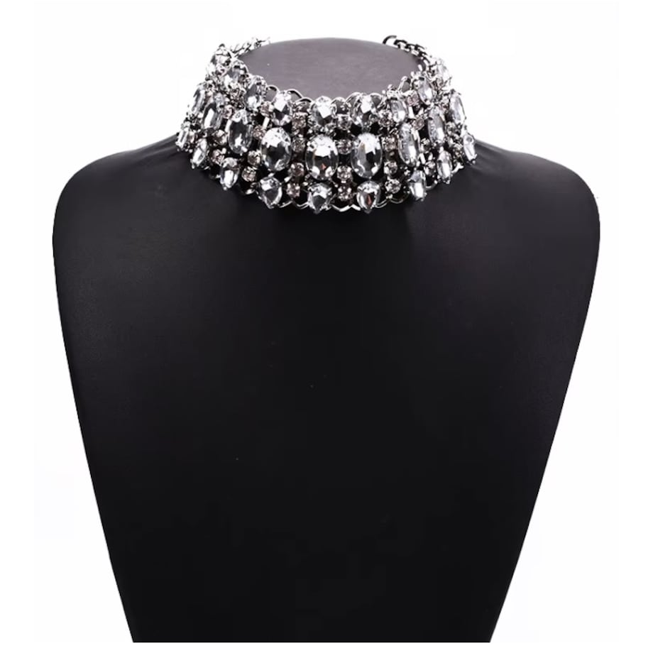 SREBRNY szeroki CHOKER ozdoby na szyję kolia z cyrkoniami elegancka
