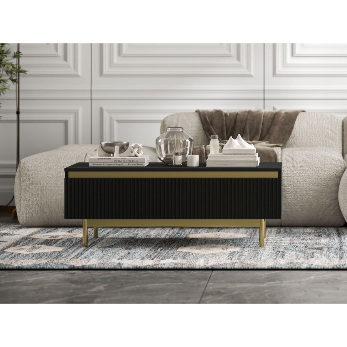 Stolik kawowy Glamour prostokątny elegancka ława Czarny Mat Stelaż w złotym kolorze 109 cm