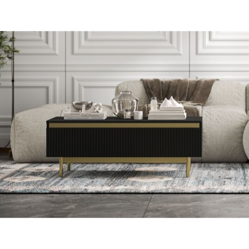 Stolik kawowy Glamour prostokątny elegancka ława Czarny Mat Stelaż w złotym kolorze 109 cm