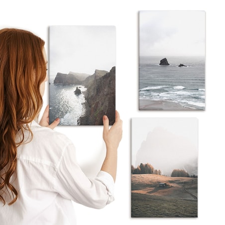 Zestaw 3 małych obrazów na płótnie - Krajobrazy gór i morza - szary