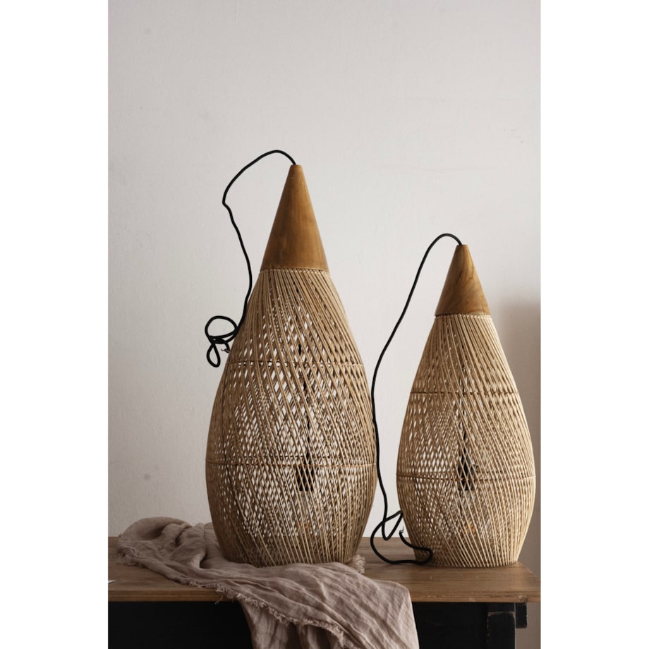 Rattanowa lampa z drewnem teakowym CONE w rozmiarze L - naturalna