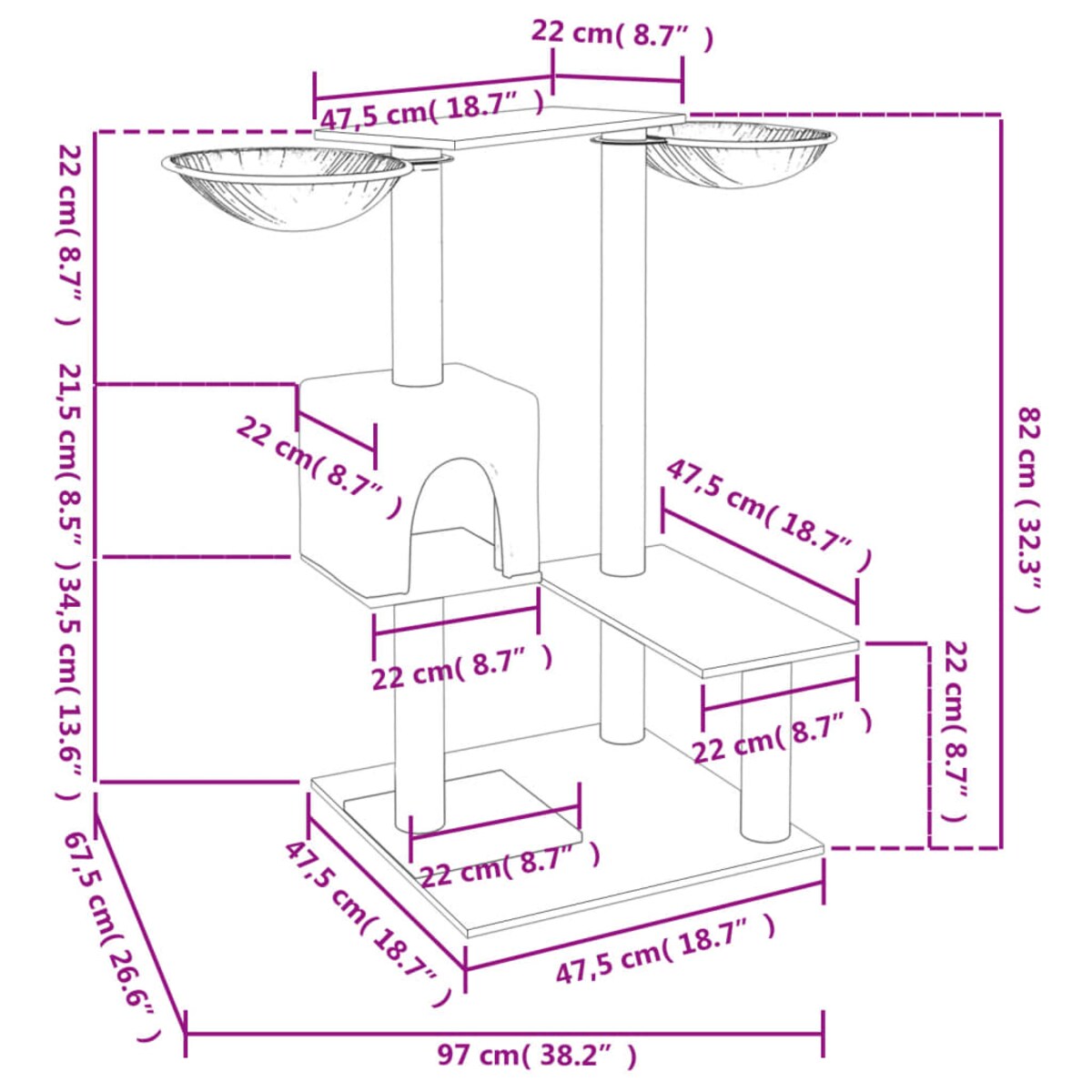vidaXL Drapak dla kota ze słupkami, kremowy, 82 cm