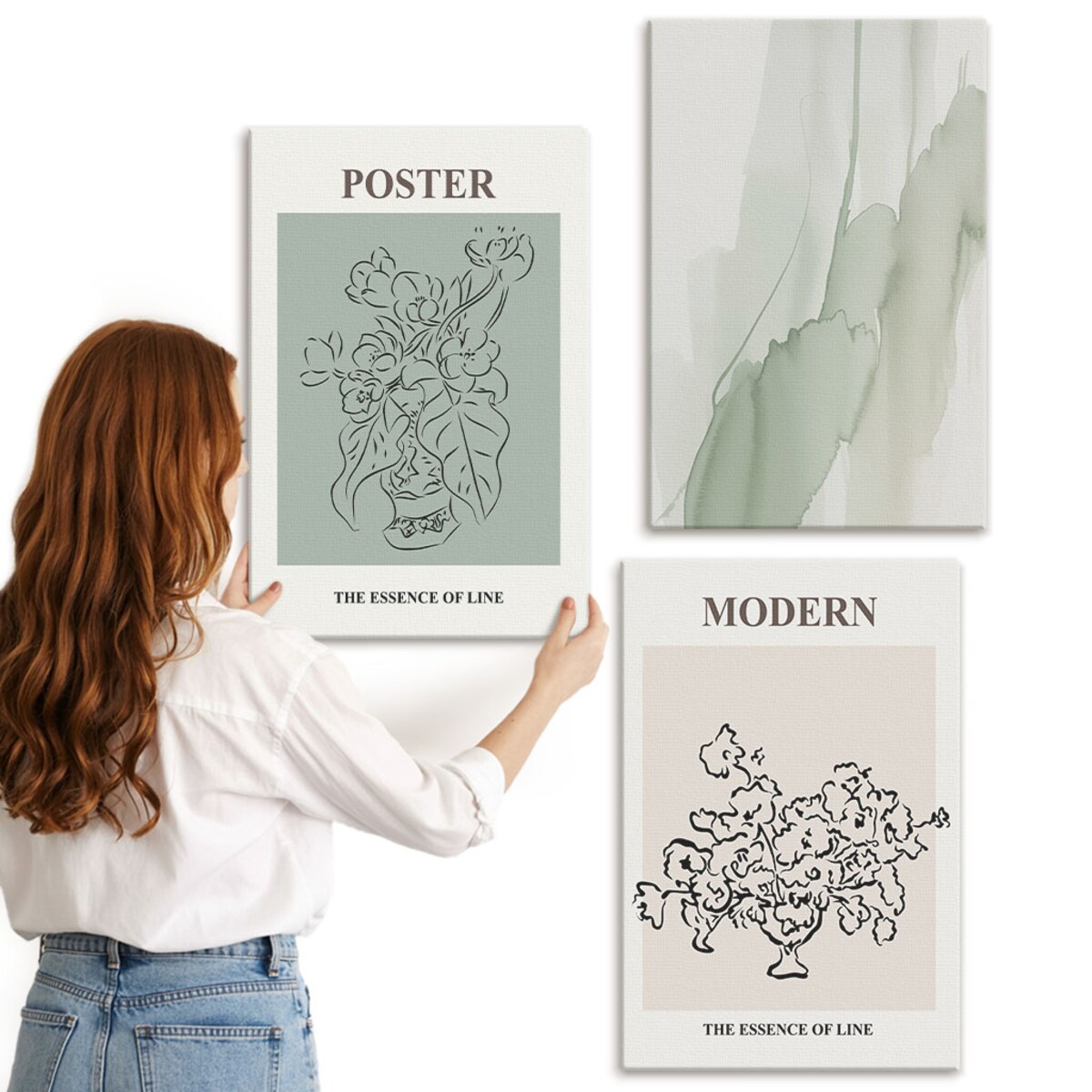 Zestaw 3 dużych obrazów na płótnie - Kwiaty w nowoczesnym wazonie - zielony