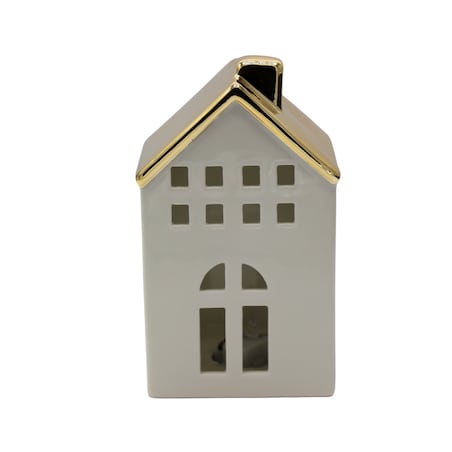 Domek ceramiczny LED, biały ze złotym dachem, 9x8,1x15,1 cm