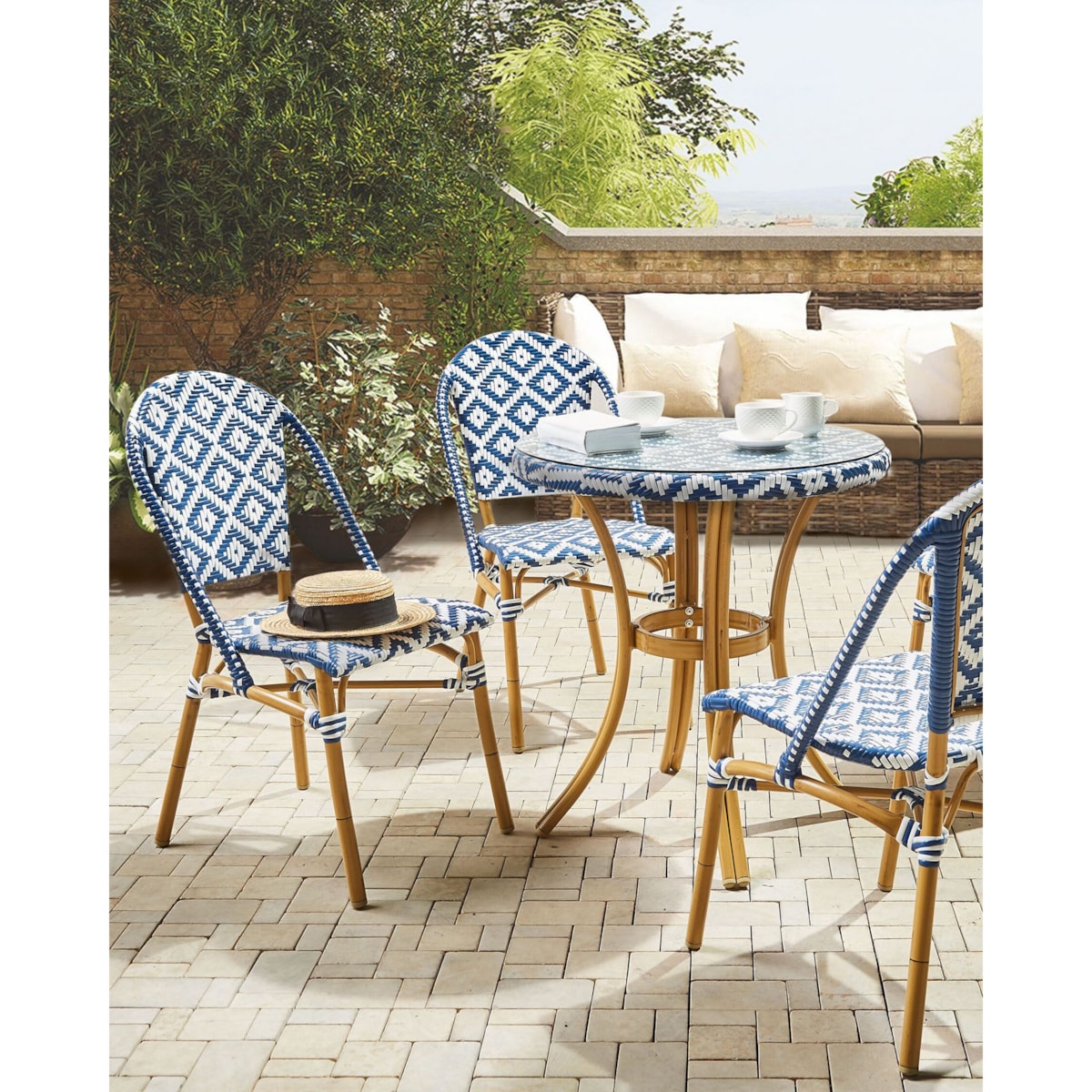 Zestaw 4 krzeseł ogrodowych z technorattanu wzór niebiesko-biały RIFREDDO