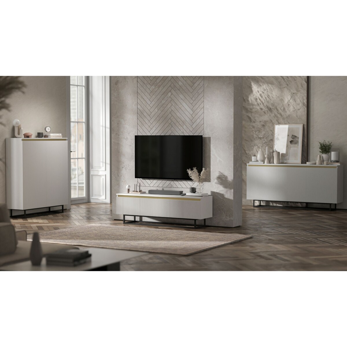 Komoda Glamour Szafka RTV Biały MAT ryflowane fronty czarny stelaż 166,8 cm