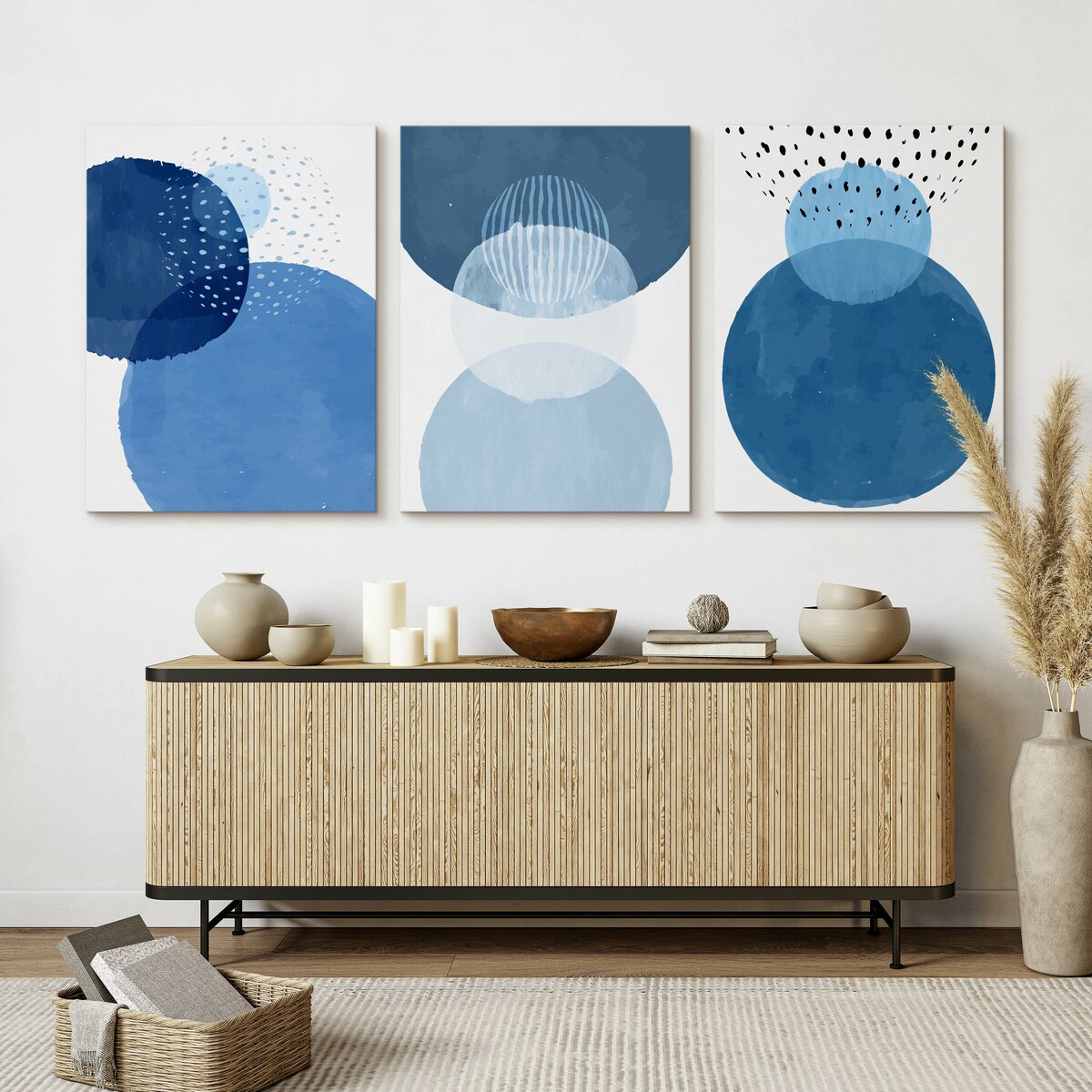 OBRAZY NA PŁÓTNIE SET AKWARELOWE NIEBIESKIE KOŁA ABSTRAKCJA 90x40cm