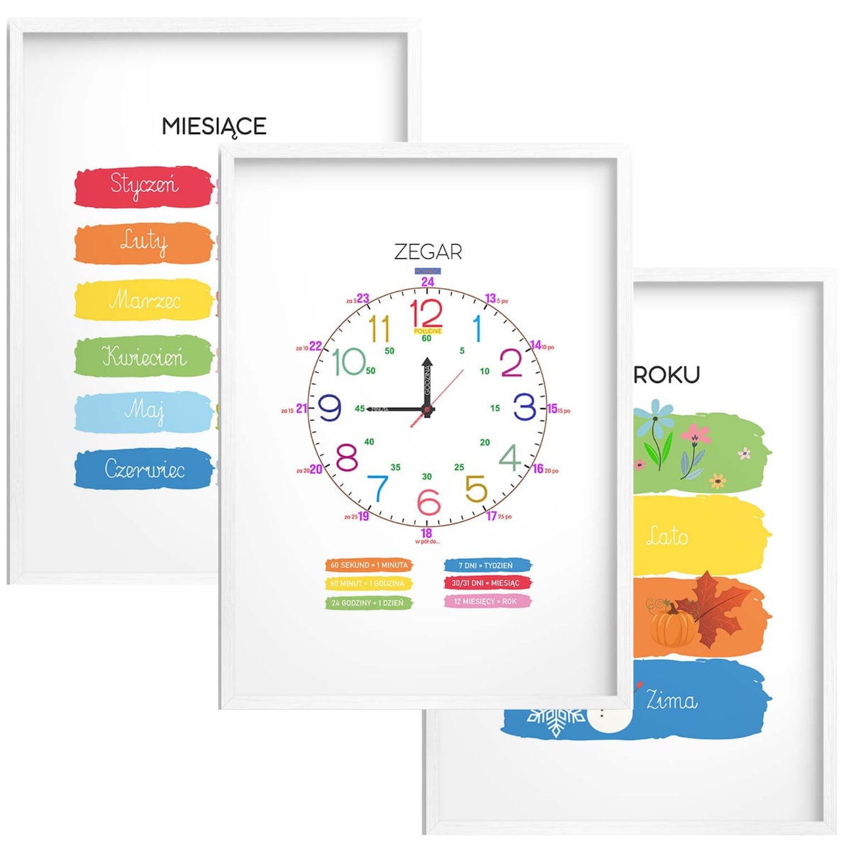 Plakaty do Przedszkola dla dzieci nauka zegara dni pór roku Montessori