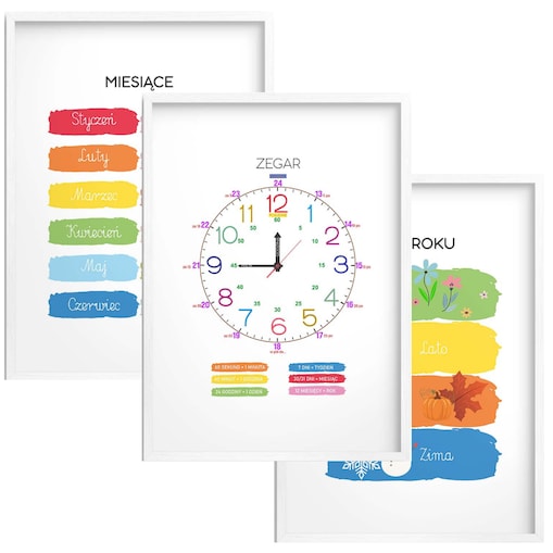 Plakaty do Przedszkola dla dzieci nauka zegara dni pór roku Montessori