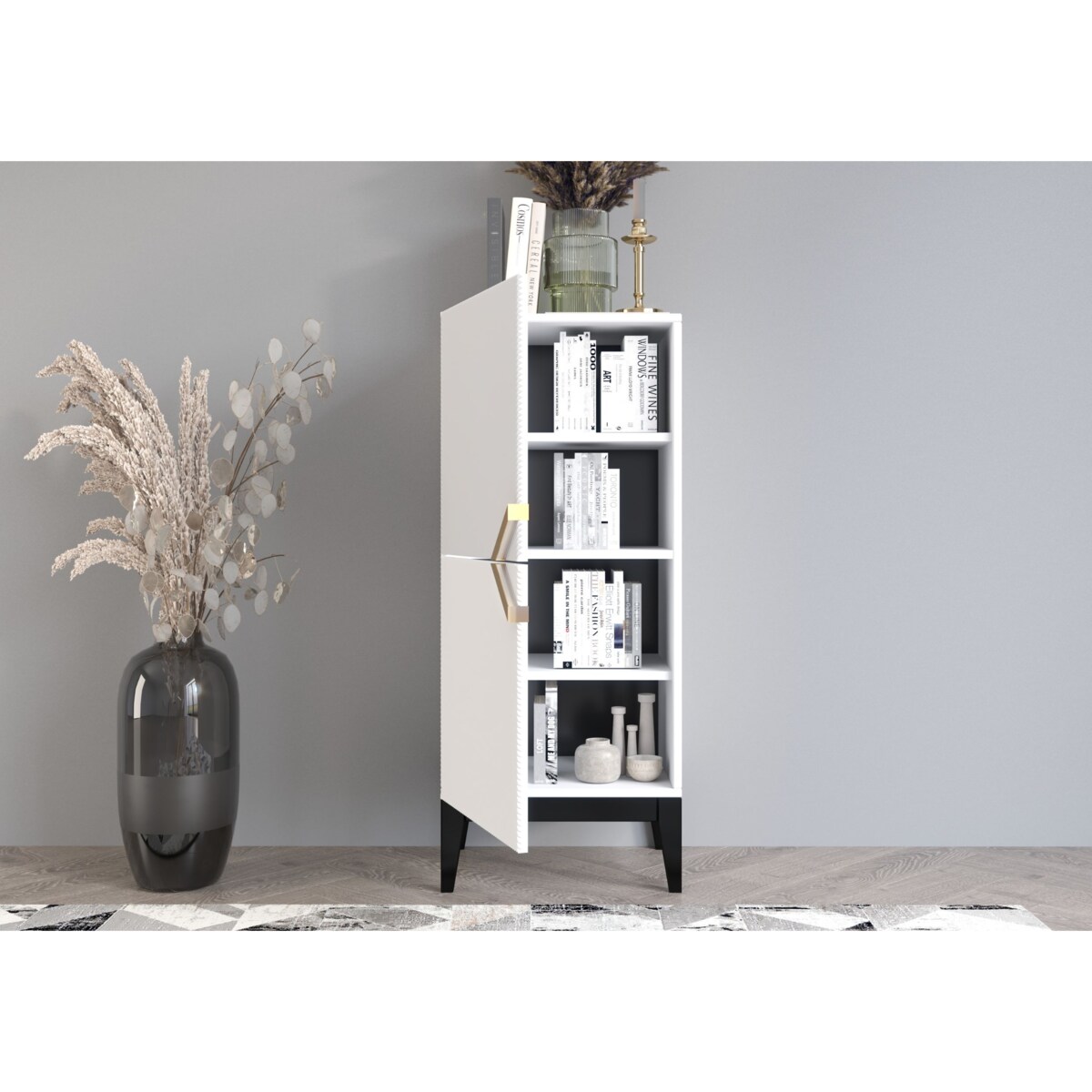 Drewniana komoda Visby DEMI HIGH 2D / kolor biały + czarne nogi / szer. 50,5 cm