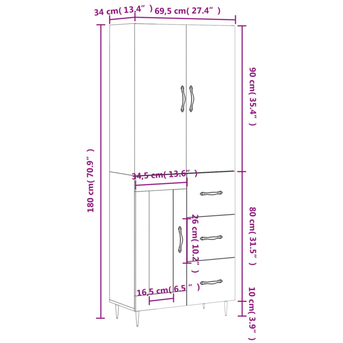 vidaXL Witrynka, biała, 69,5x34x180 cm, materiał drewnopochodny