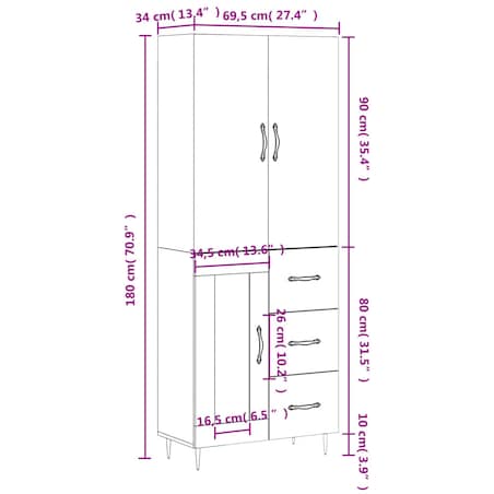 vidaXL Witrynka, biała, 69,5x34x180 cm, materiał drewnopochodny