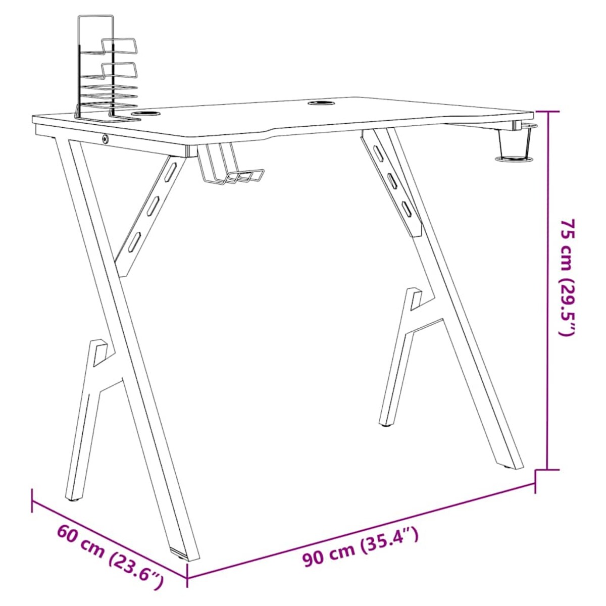 vidaXL Biurko do gier z nogami w kształcie Y, czarne, 90x60x75 cm