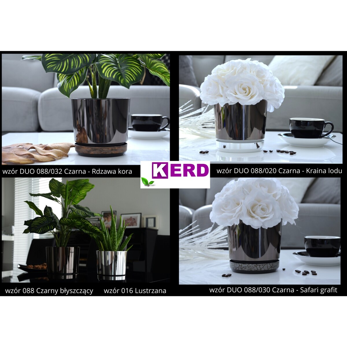 16 cm wzór CZARNY BŁYSZCZĄCY Doniczka z podstawką nowoczesna glamour efekt lustra black wysoki połysk metaliczna elegancka