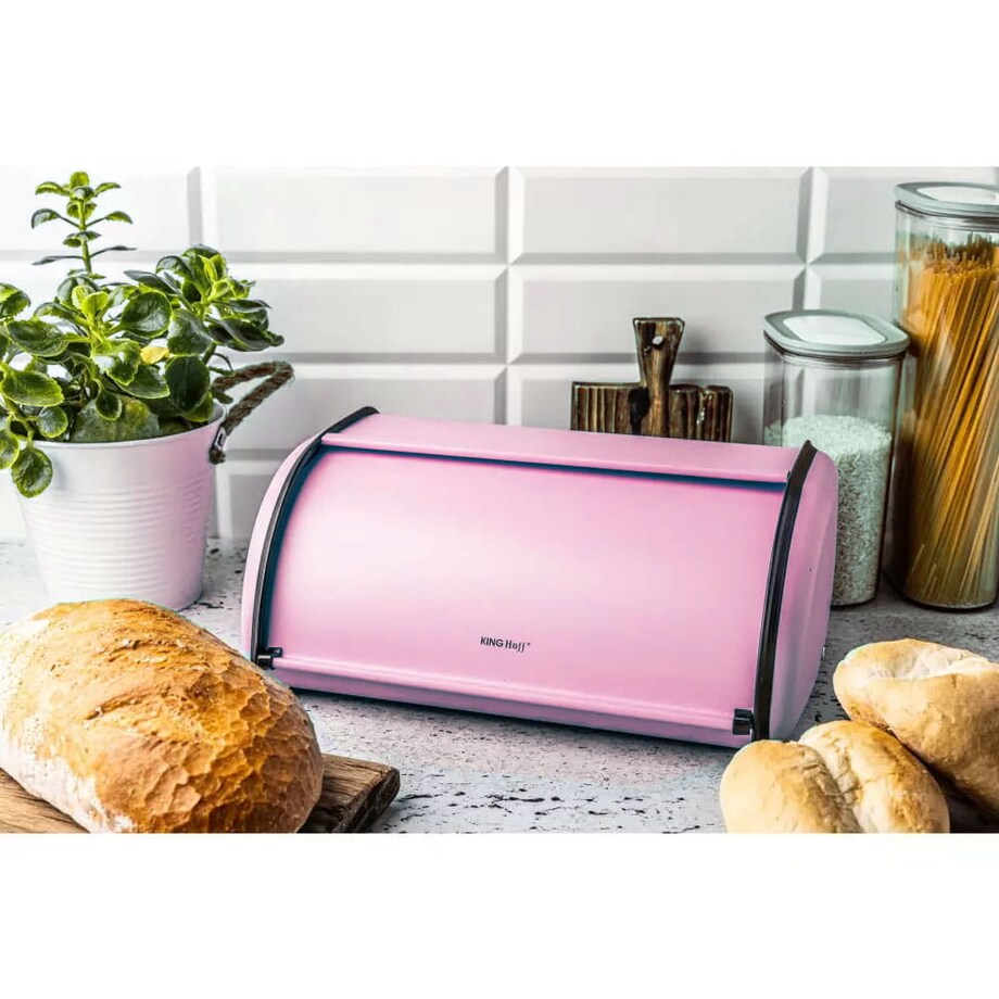 Chlebak stalowy mały 36cm różowy matowy pojemnik na chleb pieczywo bułki KINGHOFF