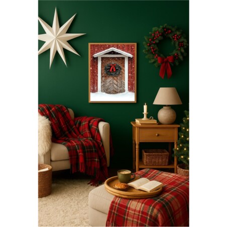 Poster Story, Plakat, Obraz - Zielony Wieniec na Tle Czerwonych Drzwi, wymiary 70 x 100 cm