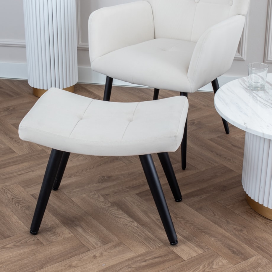 Fotel uszak z podnóżkiem do salonu wypoczynkowy welurowy tapicerowany beżowy