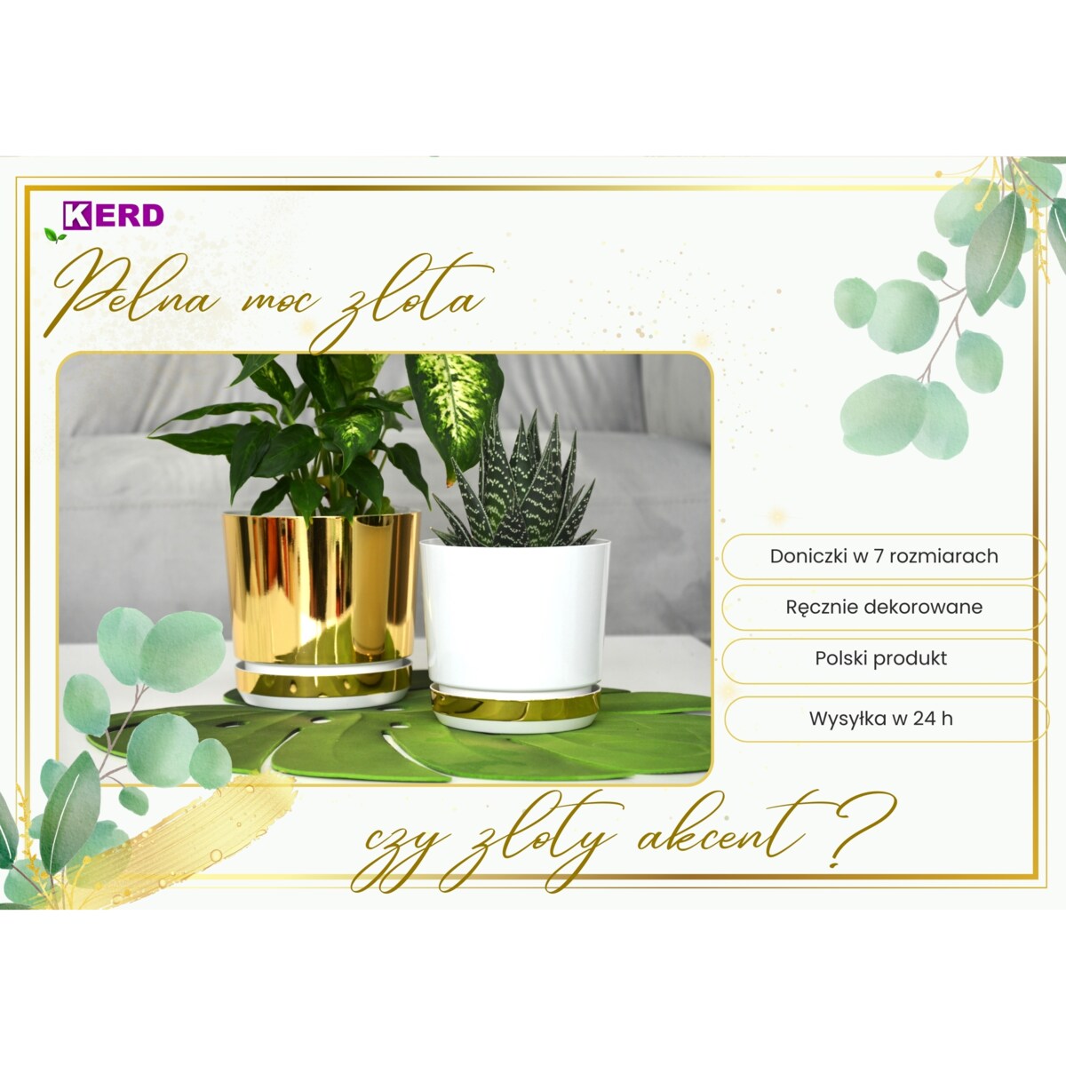 16 cm wzór ZŁOTO - BIAŁA Doniczka z podstawką nowoczesna elegancka glamour wysoki połysk