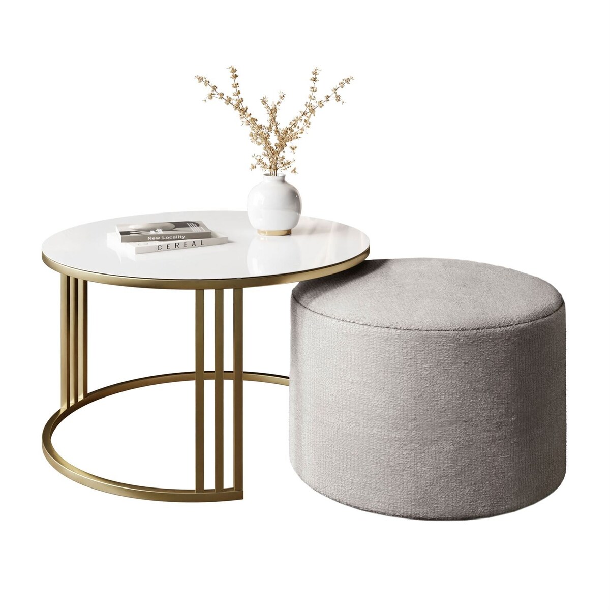 Stolik kawowy z pufą LORI GLASS złoto szczotkowane, białe szkło / Perfect Harmony 82