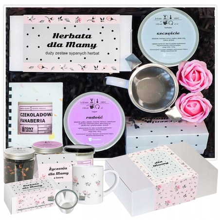 Elegancki zestaw BOX prezentowy DLA MAMY z herbatami i kawami smakowymi