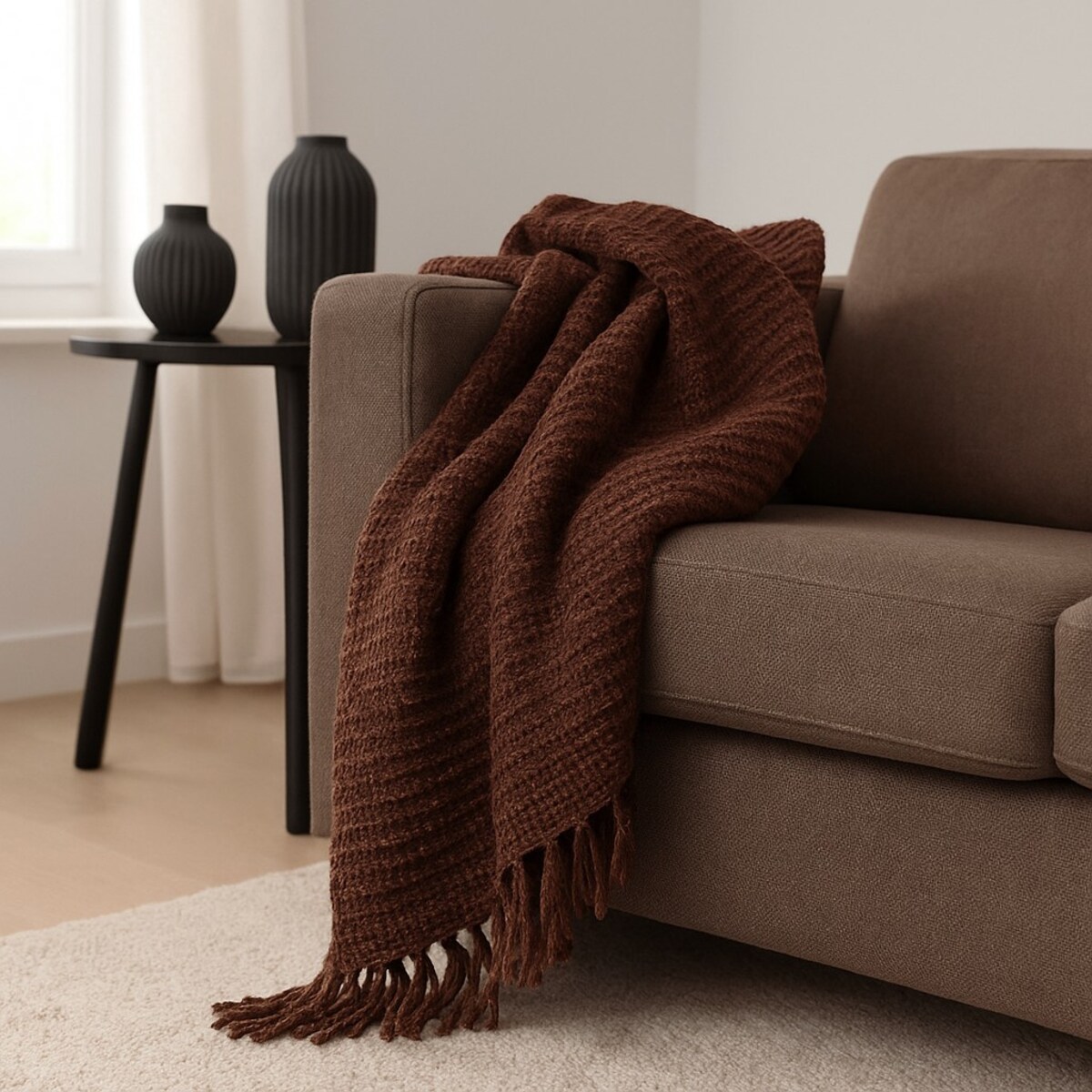 Kocyk boho z frędzlami, dzianinowy, 120 x 150 cm