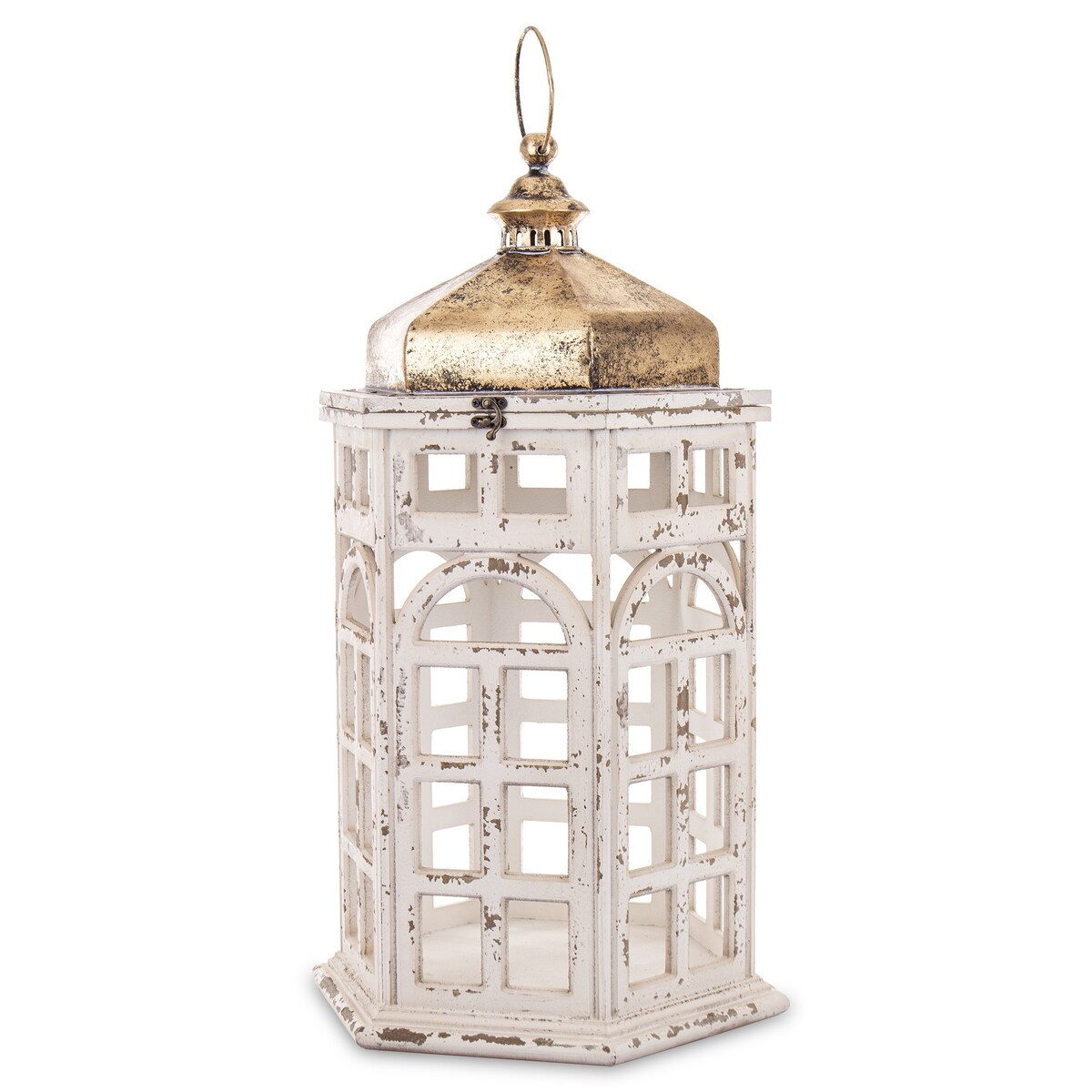 Lampion latarnia drewno-metal 82x41x36 cm biało-złoty LUMBERI-2