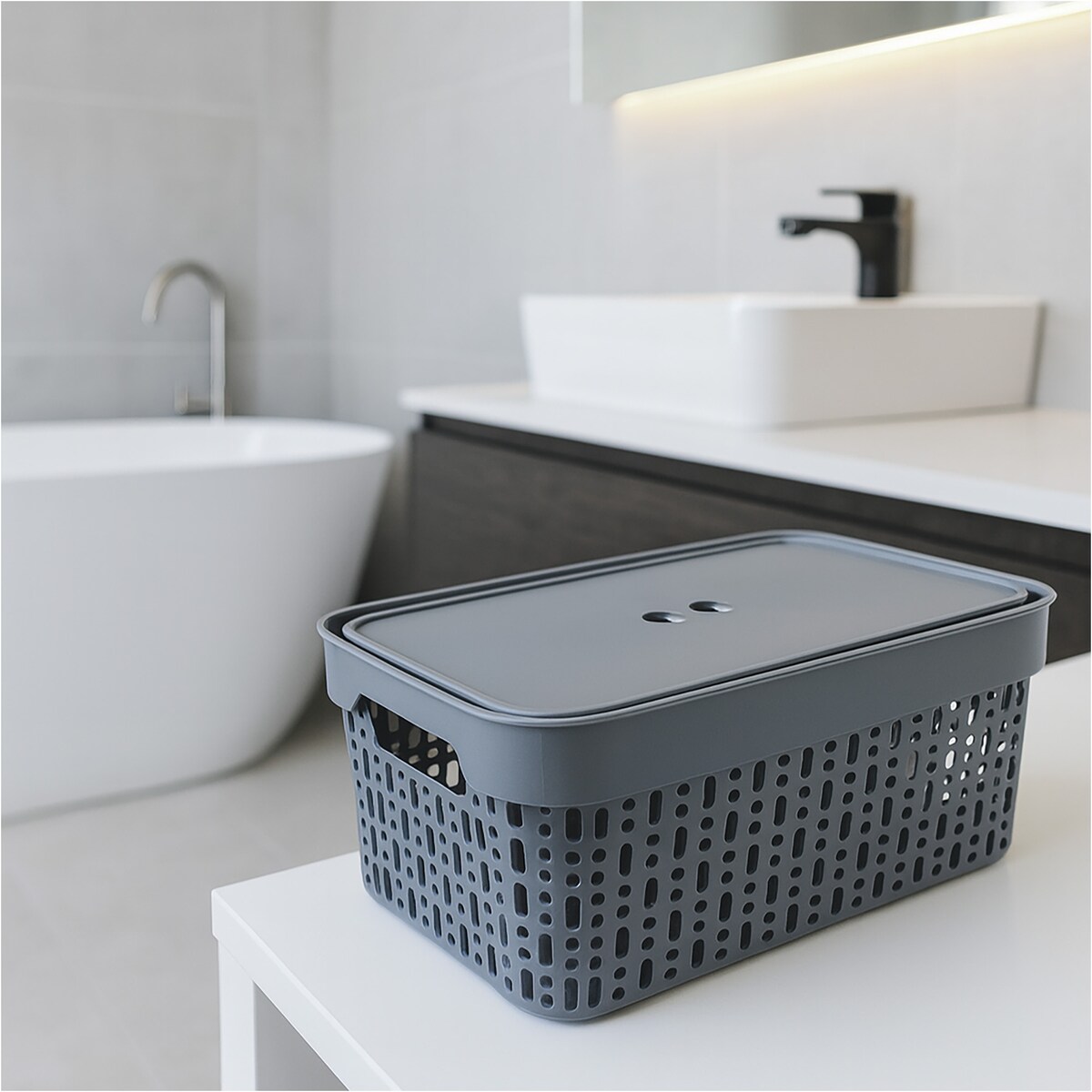 Koszyk Koszyczek Ażurowy L Plastikowy Na Kosmetyki Do Łazienki Pojemnik Z Pokrywką Zamykany Z Dziurkami Szary