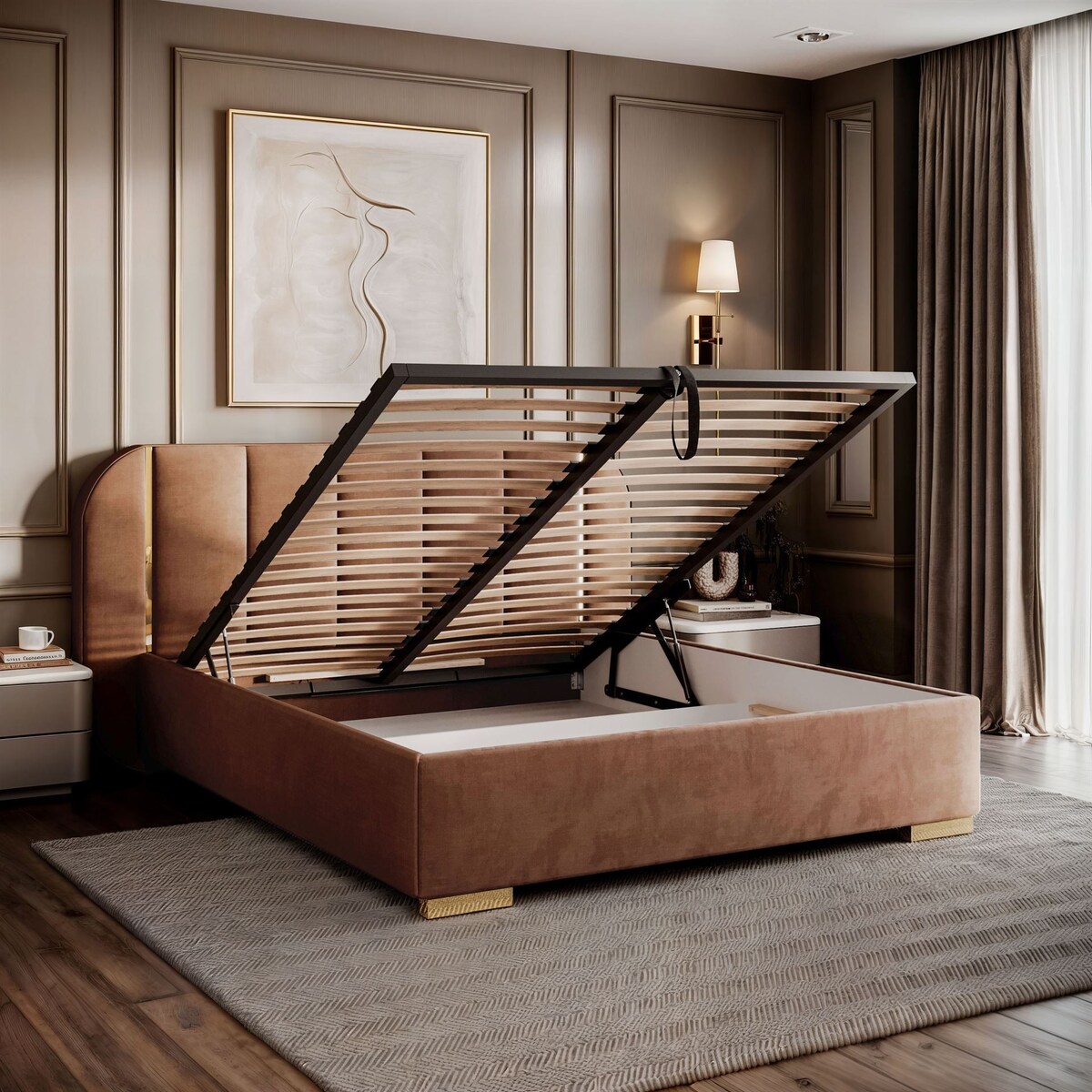 Łóżko tapicerowane AMARA GOLD, pojemnik, stelaż 32, 140x200, Royal Velvet 87198