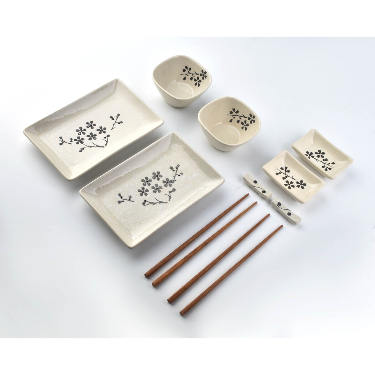 SUSHI Zestaw dla 2 osób beżowy czarne kwiaty 10 elementów