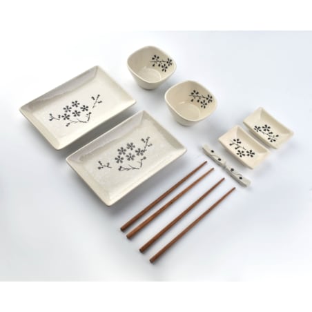 SUSHI Zestaw dla 2 osób beżowy czarne kwiaty 10 elementów