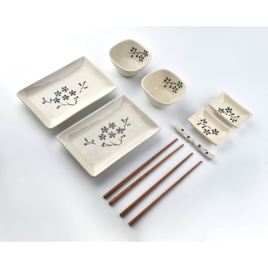 SUSHI Zestaw dla 2 osób beżowy czarne kwiaty 10 elementów